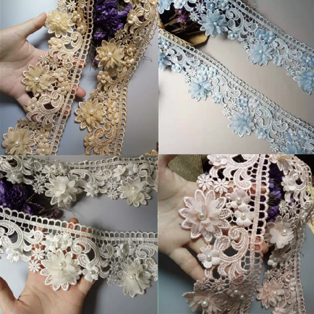 

2 ярда 9 см золотой розовый синий жемчуг 3D цветок кисточка кружевная отделка Лента ткань с вышивкой аппликация шитье Рукоделие свадебное пла...