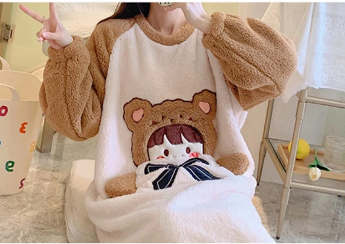Winter Women Warm Sleeping Dress Round Neck Polyester Comfortable Cute Loose Fitting Leisure Wear With A Large Pocket On Belly