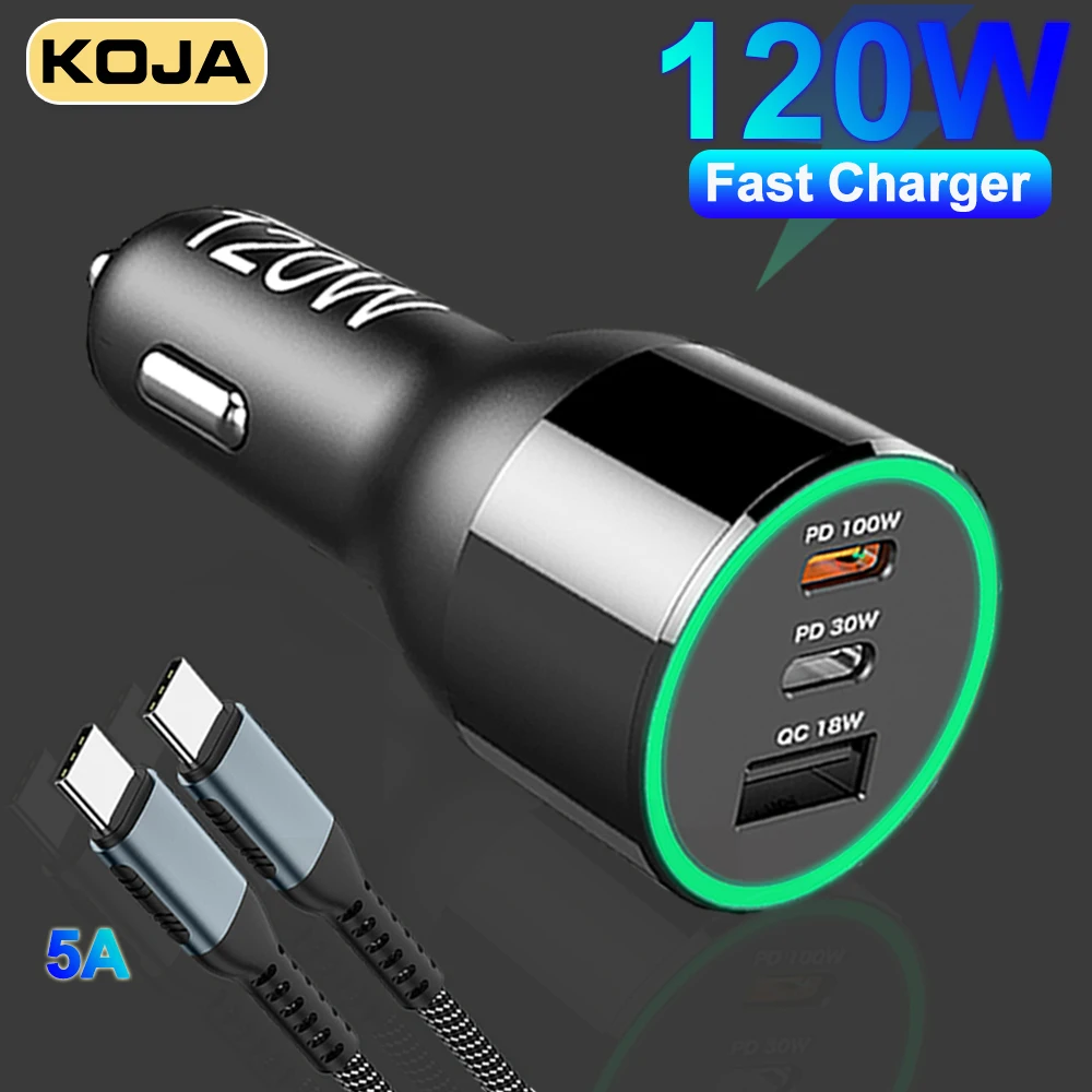 

PD Car Charger 120W 3 Port USB C Fast Charge PD 100W PPS 45W 30W QC3.0 For Macbook Type-C Laptop IPhone 13 Samsung Xiaomi Phone