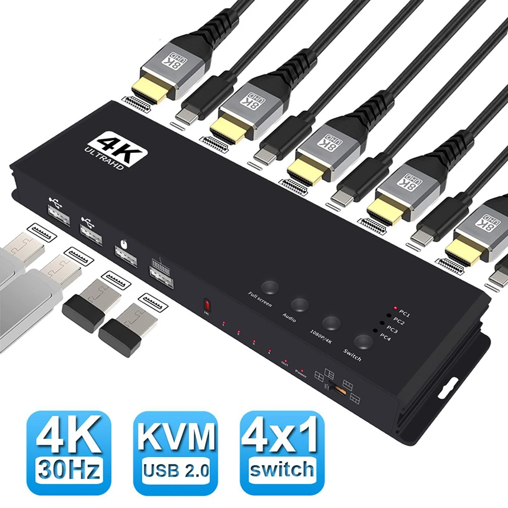 4K HDMI-совместимый квм-переключатель 4x1 четырехъядерный многофункциональный просмотр 4 в 1 Выход Многофункциональный бесшовный переключатель для 4 ПК совместная Мышь Клавиатура