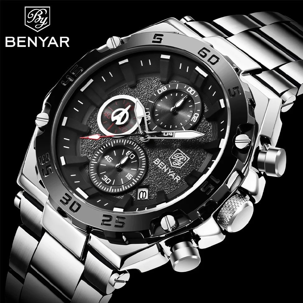

BENYAR New Stainless Steel Diver Watch Luminous Sport Luxury Men Quartz Wristwatches Business Chronograph Clock reloj hombre