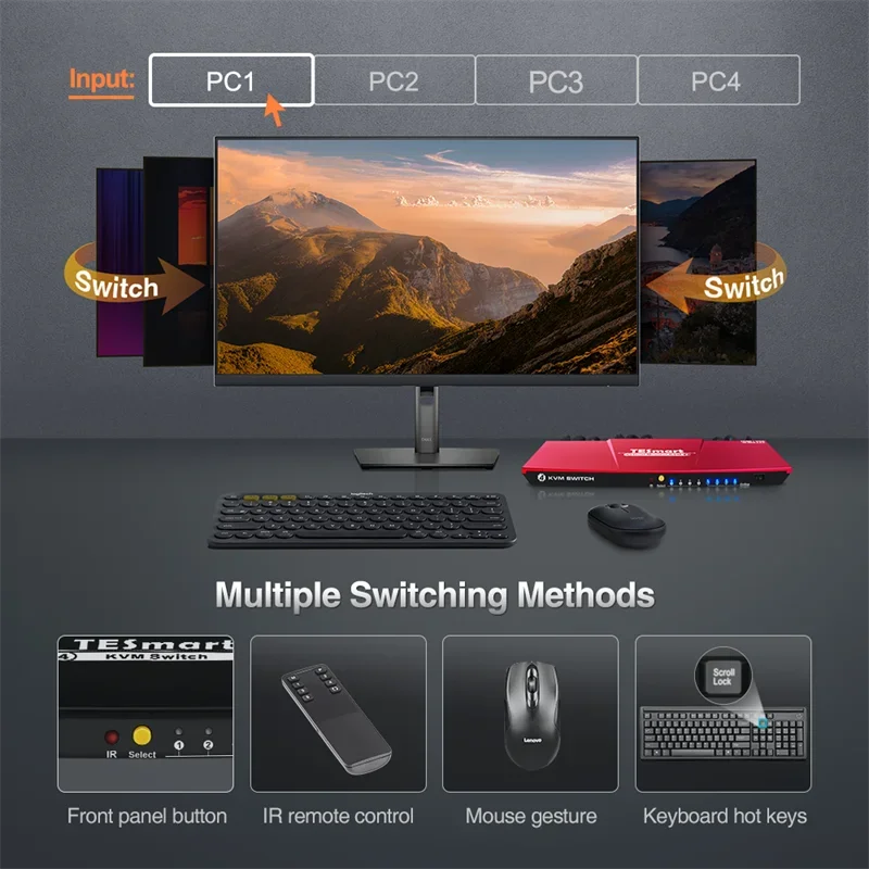 Фото TESmart 4-портовый KVM-переключатель HDMI 4K60Hz с EDID, поддержка 4 ПК и 1 монитора, USB 2.0, аудиовыход, KVM-переключатели 4x1 №4