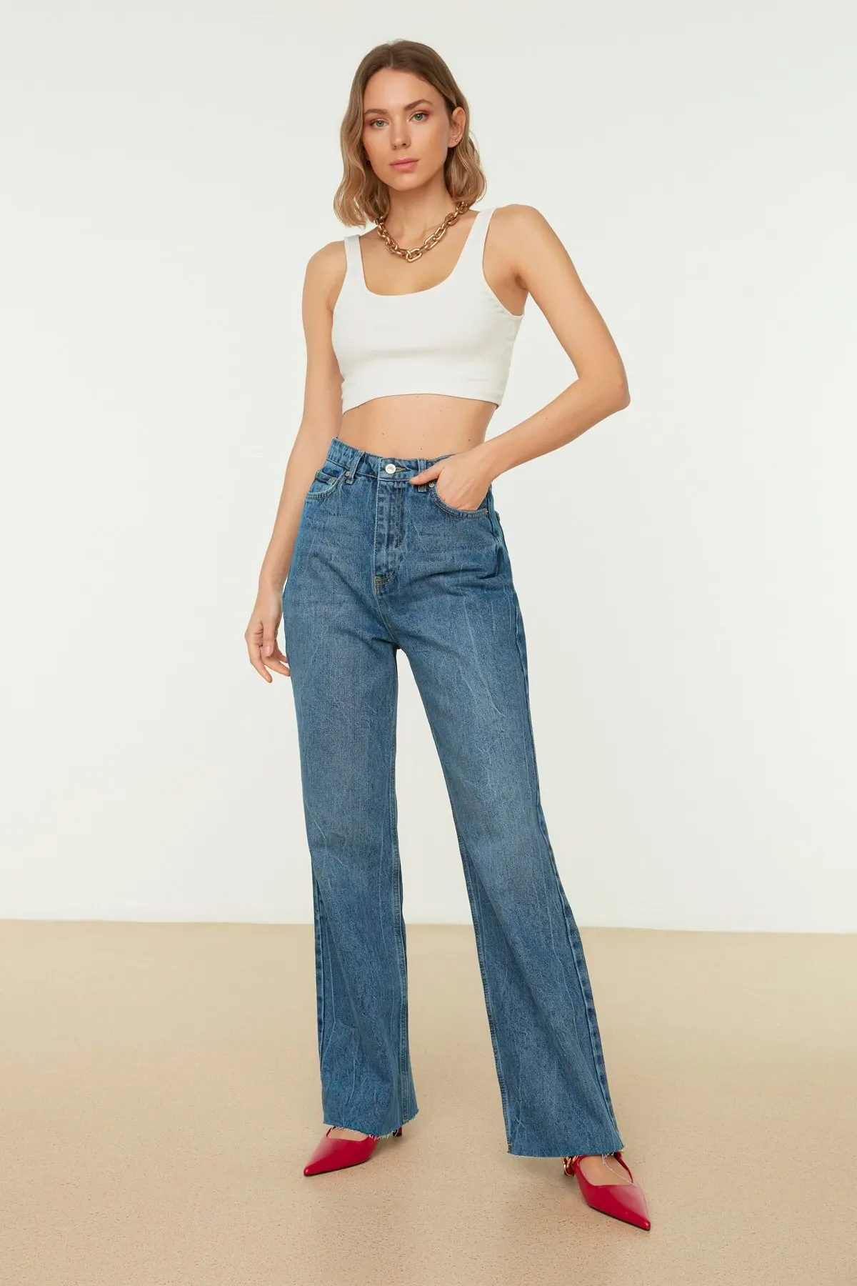 

Women's Jean Blue High Waist & S Wide Leg Full Length Straight Pant Streetwear Female Buttons Zipper Ladies