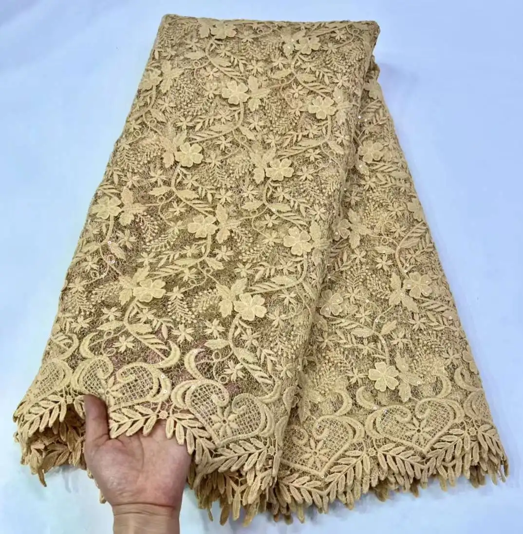 

Gold Guipure Cord Lace Fabric 2022 High Quality 5 Yards African Lace Fabric Water Soluble Cord Laces For Nigerian Party Dress