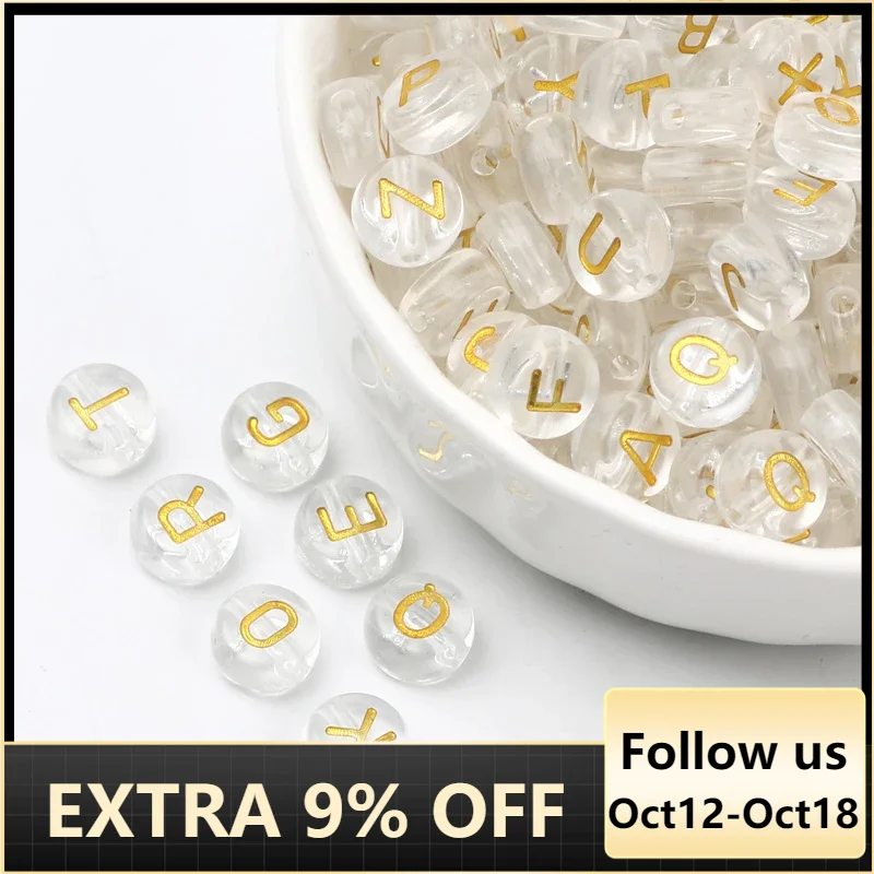 

50pcs 7mm Transparent Gold Color Letter Acrylic Beads Flat Round Alphabet Spacer Beads For Jewelry Making Diy Necklace Bracelet