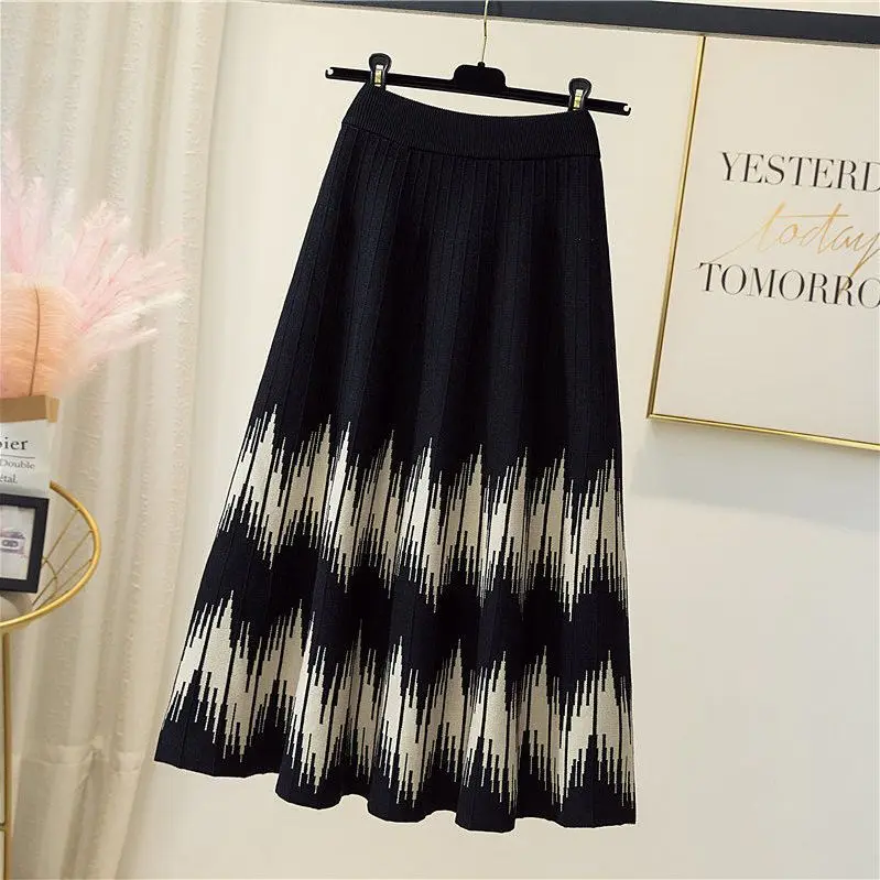 

2022 New Autumn Winter Women Knitted Pleated Skirt Fashion Skirt Casual Warm Loose High Waist Skirts Female A-Line Skirt D10