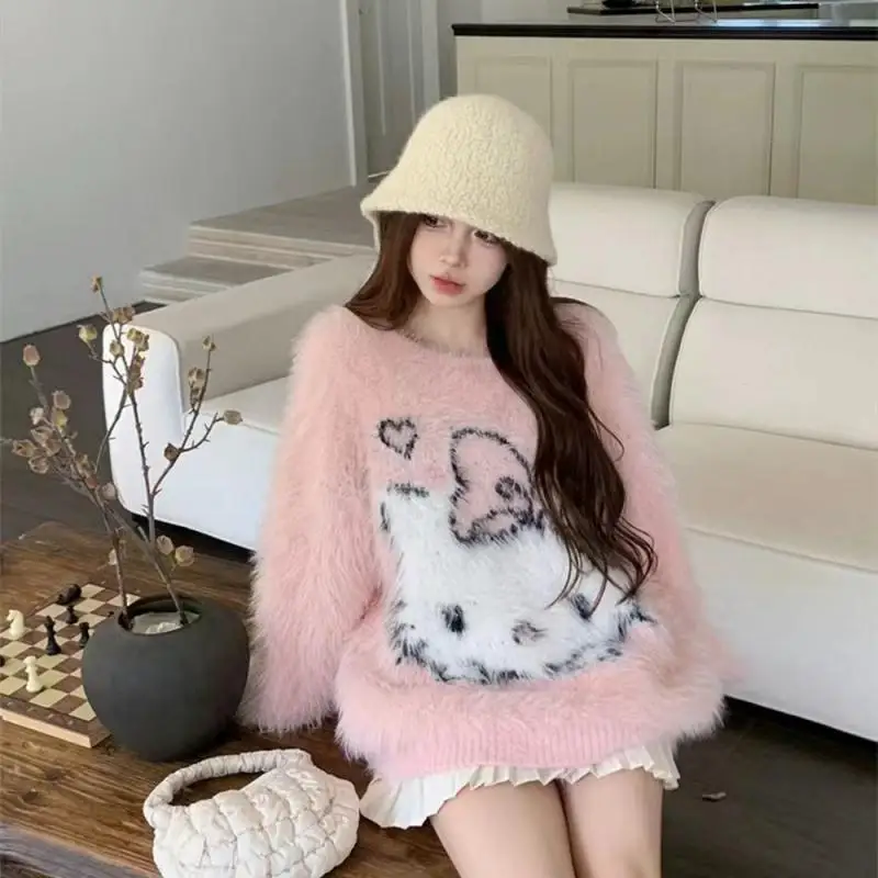 Kawaii свитер Hello Kitty Sanrioed с круглым вырезом Lazy Mujer 2024 осенний милый вязаный пуловер Y2K