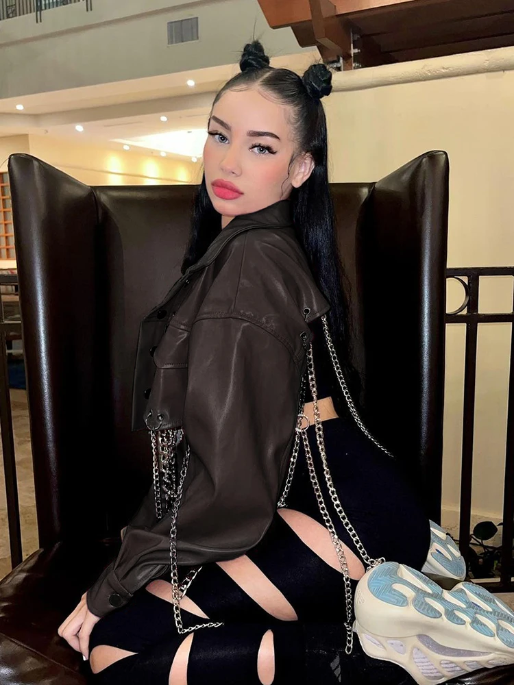 Женские кожаные куртки в стиле панк Rockmore с цепочками и кисточками укороченная