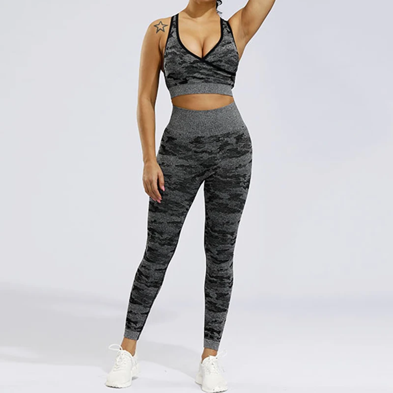 

Women Sports Suits Set Yoga Sets Gym Fitness Camo Athletic Pants Sportswear Leggings Bra Seamless Sports Active