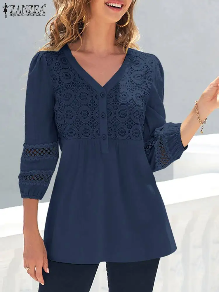 

Bohemian Holiday Shirts For Women 3/4 Sleeve Blusas Summer Patchwork Blouse ZANZEA Female Work Shirt Causal V Neck Tunic Tops
