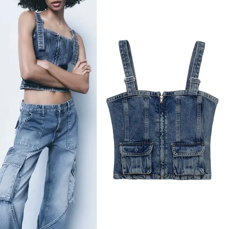 

Женский джинсовый топ на молнии, с прямым вырезом, без рукавов