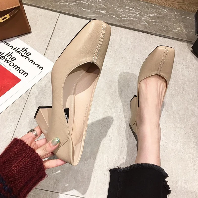 

Black Heel Shoe Lace-Up Slip On 2022 Sandals Ladies Work Dress Professional All-Match Branded Pumps Square Toe Gold Beige Slip-O