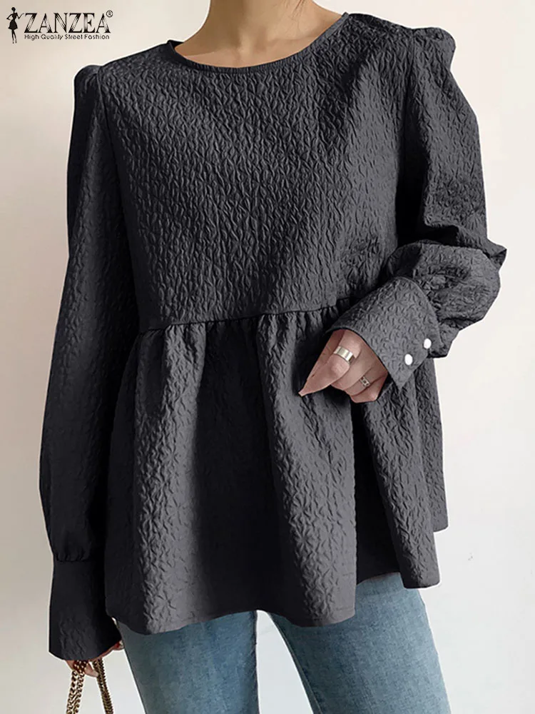 

Casual Tops Mujer ZANZEA Women Round Neck Long Sleeve Blouse Fashion Solid Shirts 2023 Autumn Holiday Texture Fabric Tunic Femme