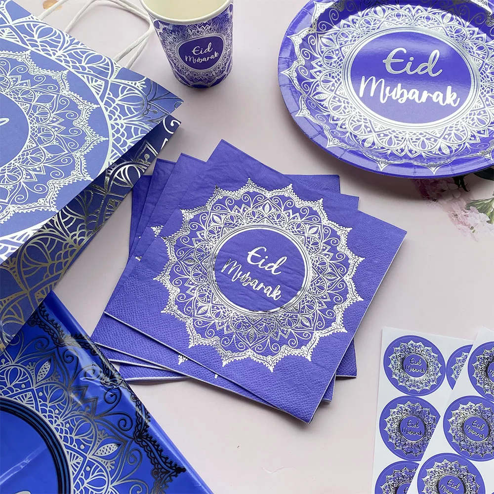 

Silver Blue EID Mubarak Paper Plates Cups Napkin Ramadan Decorations For Home Eid Mubarak Balloon Decoration Supplies