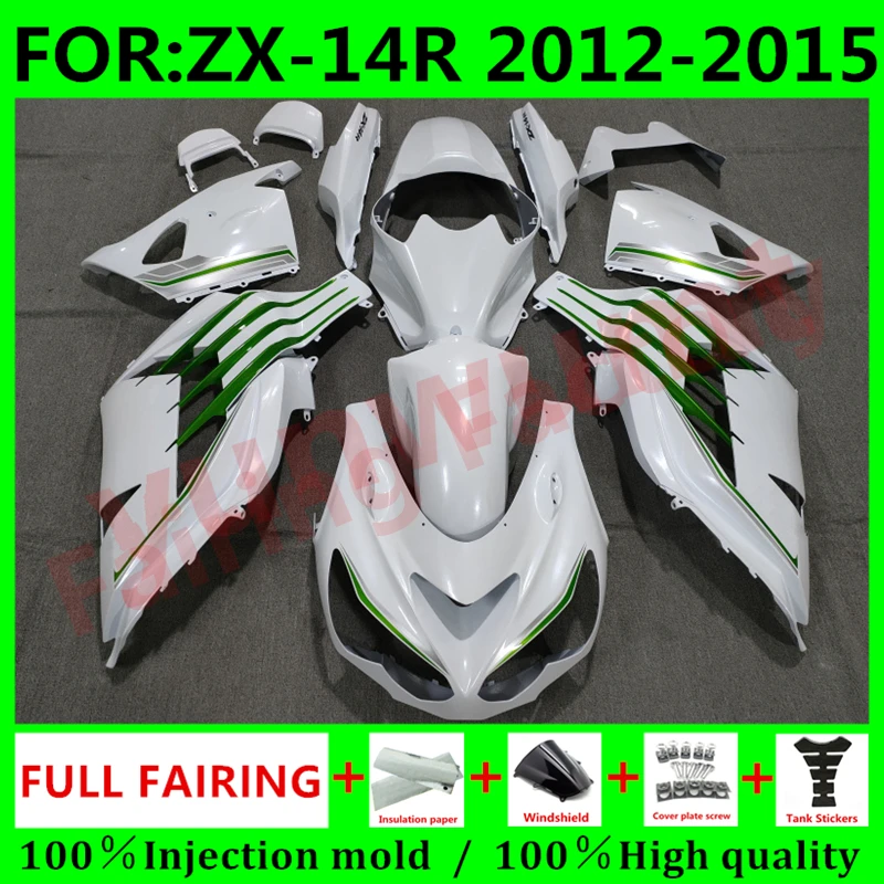 

Обтекатели для мотоцикла, комплект обтекателей для Ninja ZX-14R 2012 2013 2014 2015 ZX14R zx 14r 12 13 14 15, набор обтекателей для кузова, зеленый, белый