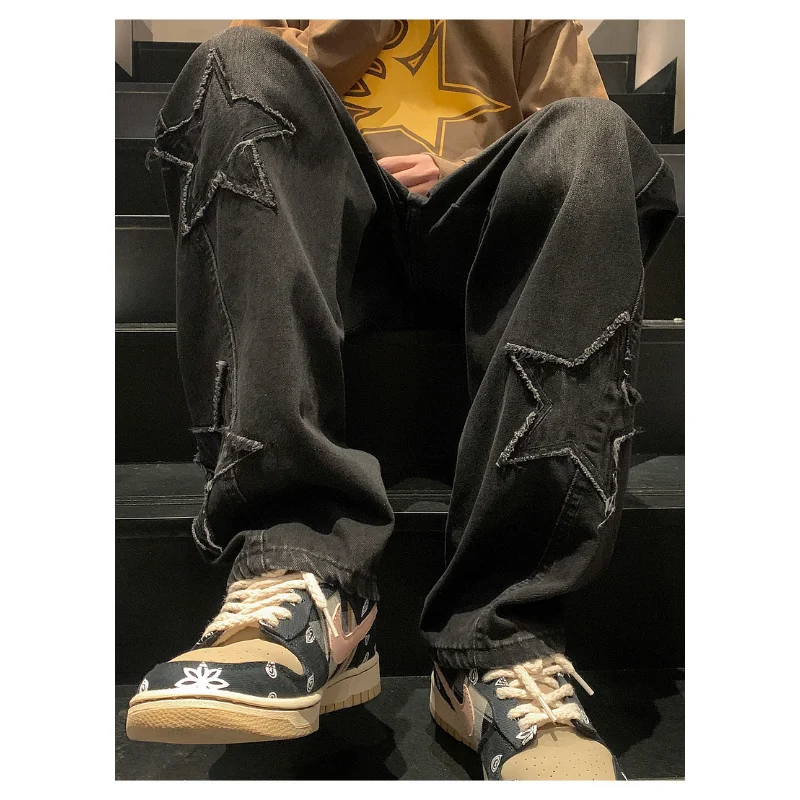 Spring Autumn New Fashion Streetwear Loose Straight-leg Denim Pants for Men and Women Couples Star Patch Embroidery Jeans Man