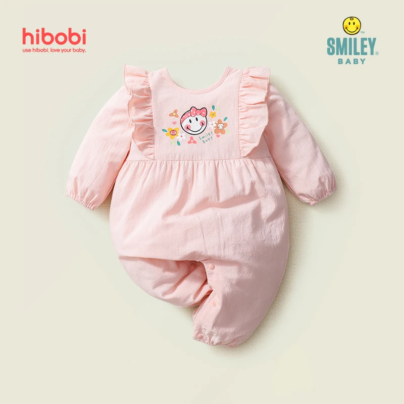 

Hibobi Smiley Baby Girls Romper Ruffles Newborn Cute Print Long Sleeve Jumpsuit Toddler Infant Pink One-Piece Clothing 0-18M