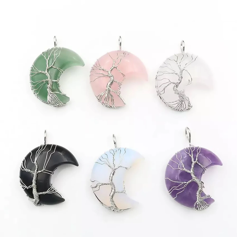 

1pc Natural Crystal Pendant Tree of Life Moon Shape Stone Quartz Mineral Jewelry Healing Stone Men Women Jewelry Gifts