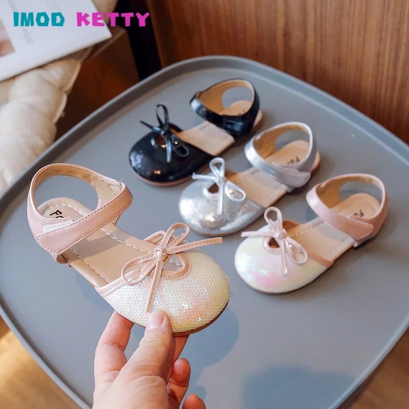 

Girl's Sandals Paillette Cover Toe Princess Hollow-out Children Sliders Summer Kids Flats 21-34 Hook-loop Fashion Three Colors