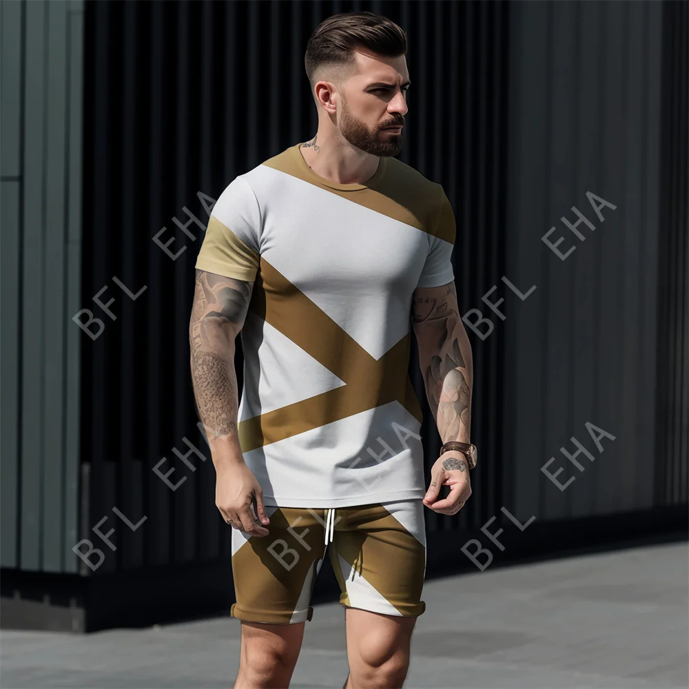 2023 New Men Fashion 3D Gradient color graphics Print Men Street Casual Short T Shirts+Shorts 2-piece Set Oversized Man Clothing