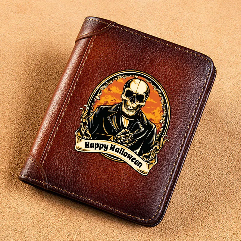 High Quality Genuine Leather Men Wallets Happy Halloween Skull Sign Printing Short Card Holder Purse Billfold Men's Wallet