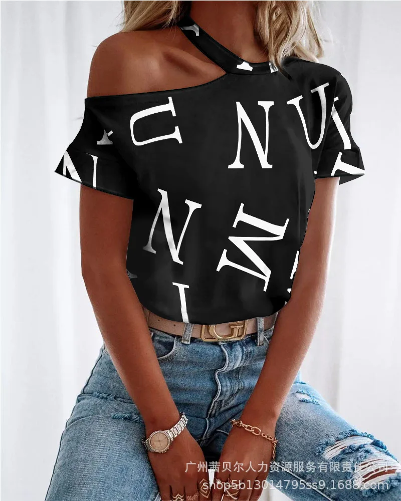 

Футболка женская с открытыми плечами, повседневный модный пикантный топ с надписью, с коротким рукавом, весна-лето