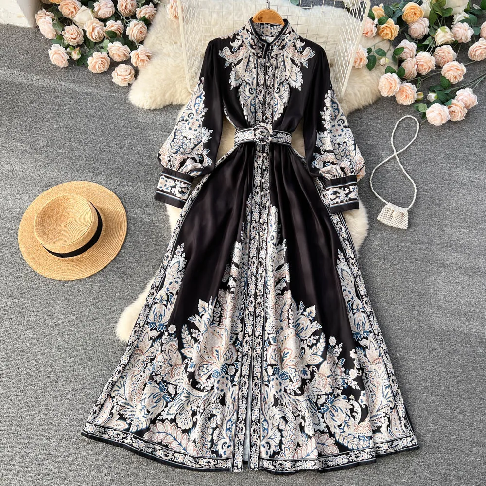 

Women New Fashion Palace Retro Printing Autumn and Winter Long Sleeve Elegant Single Breasted A-line Shirts Dress Vestidos S9547