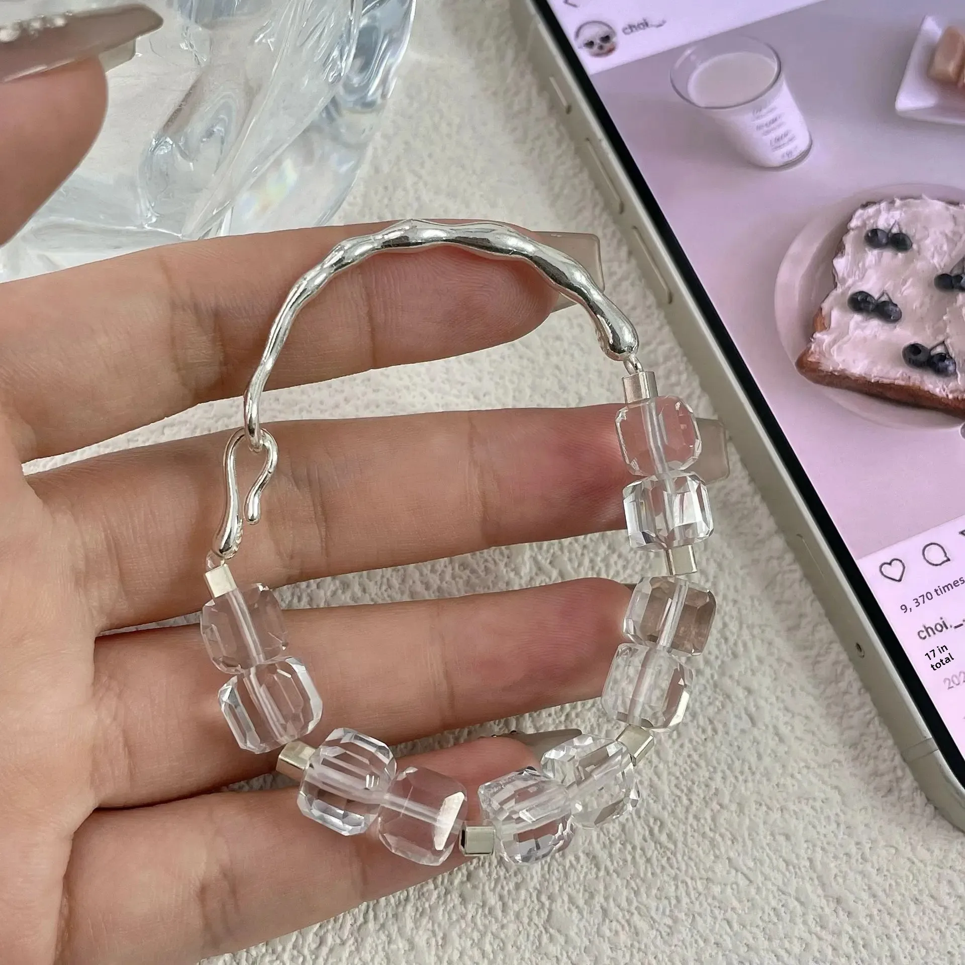 S925 Чистый Серебряный Прозрачный Хрустальный Бусины Полуювелирный Браслет Ниша