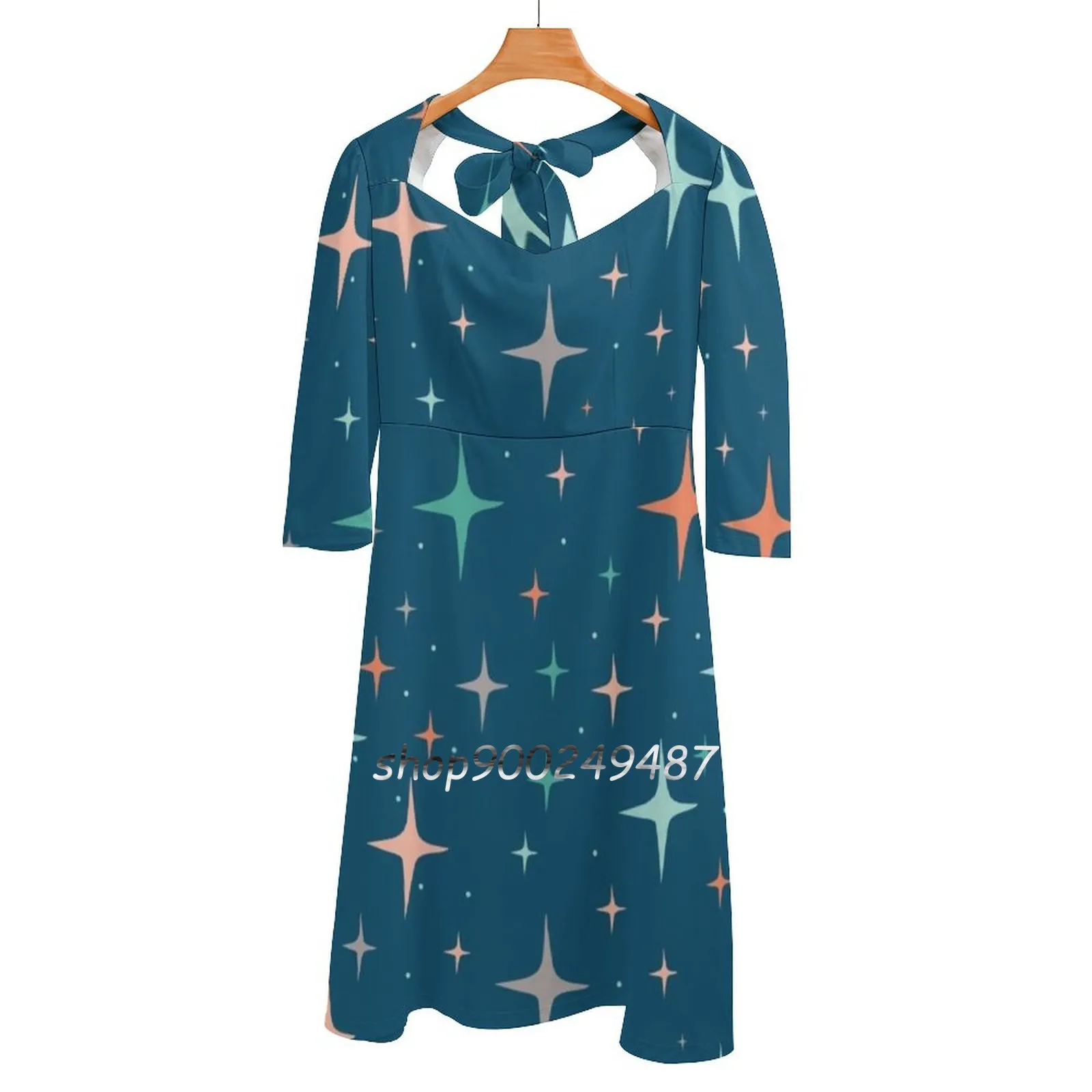 

Stars In Blue Square Neck Dress Sweet Summer Dress Women Elegant Halter Print Dress Stars Sparkle Shine Shiny Space Magic