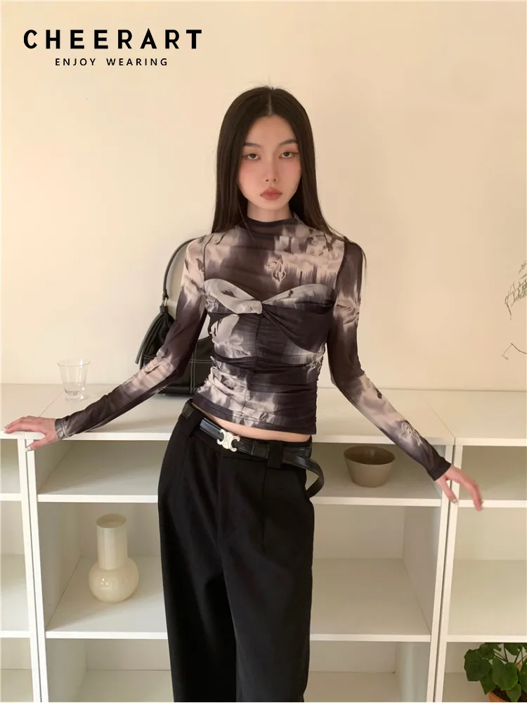 

CHEERART Goth Black Floral Long Sleeve Tees Tight T Shirt For Women Fashion Designer Top Trendy European Clothing