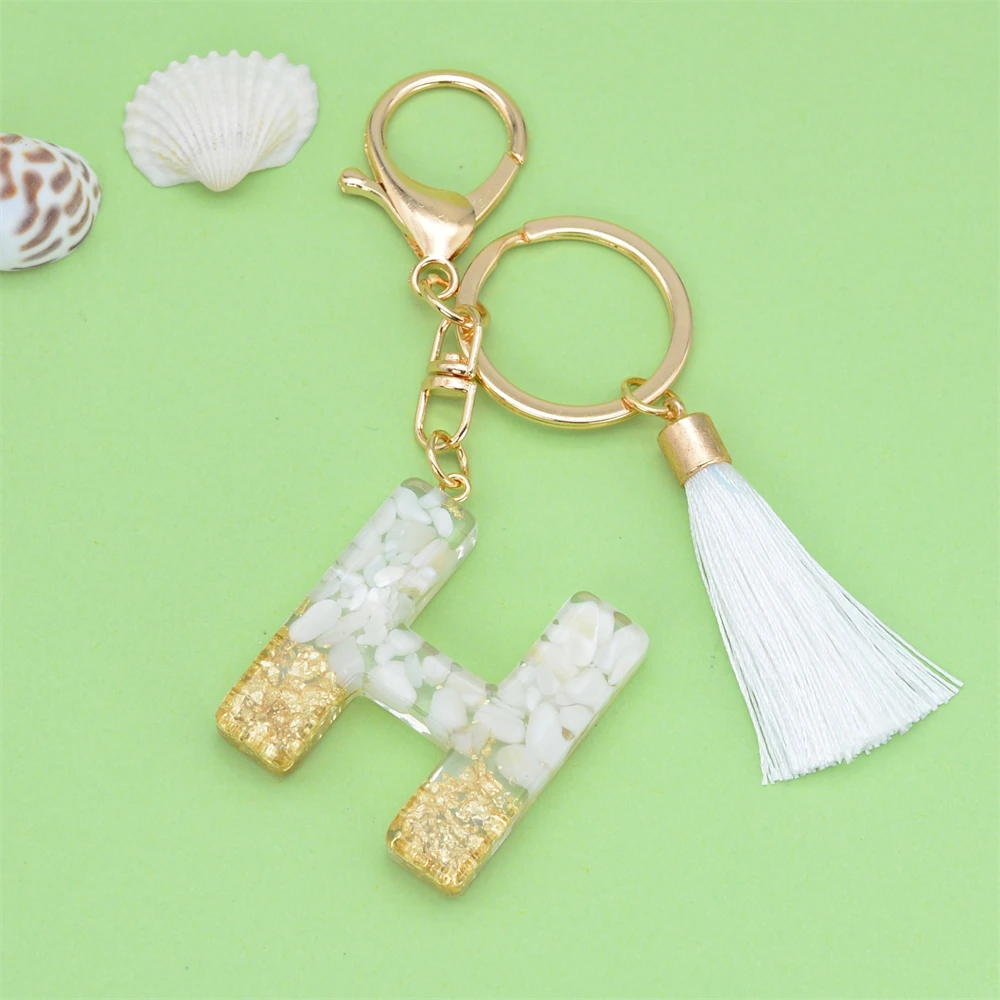 Creative 26 Letter Resin Keychain Pendant With White Tassel Keyring Charms Men Women Bag Ornaments Accessories Souvenir Gifts images - 6