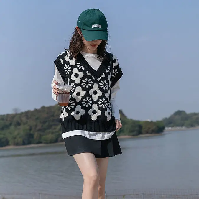 Women Knitted Vest Korean Style Sweater Unif Waistcoat Top Pullovers Waistcoats Sleeveless Simple All-match Female Jumper |
