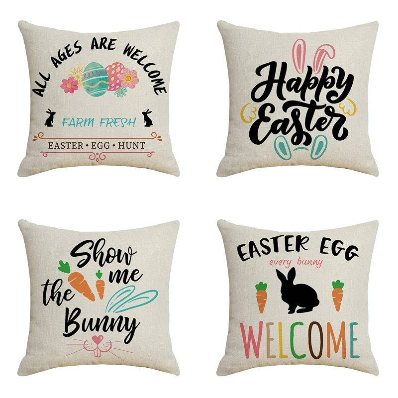 

Set of 4 Easter Pillow Covers Decorations Bunny Letter Easter Eggs Carrots Square Linen Throw Pillows Covers 45X45cm
