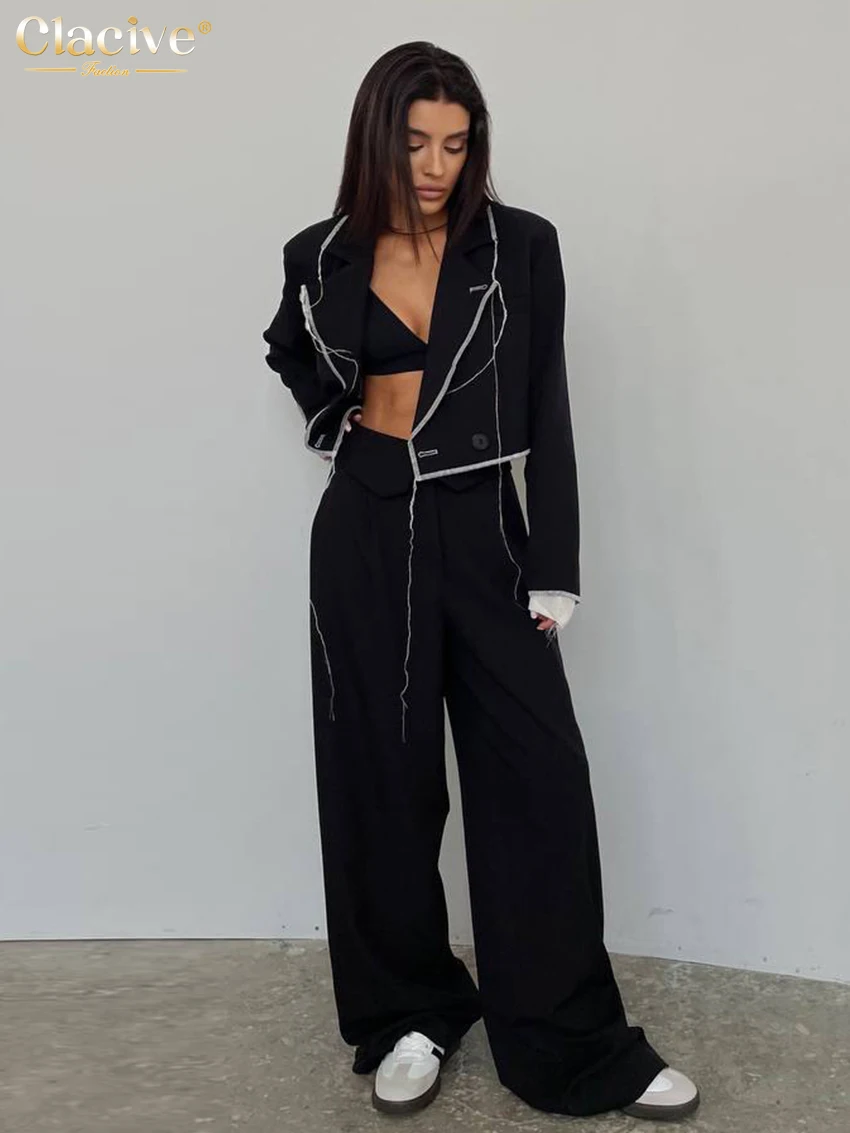 

Clacive Fashion Loose Black Pants Sets For Women 2 Pieces Elegant Long Sleeve Top With High Waist Wide Trousers Suits Streetwear