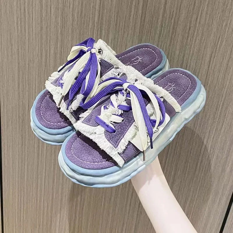 

Women's Canvas Slippers 2023 Summer New Women's Platform Shoes Summer Fashion Outdoor Casual Lace-up Open Toe Beach Sandals