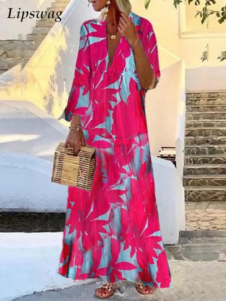 

Women Vintage Print Casual Loose Hem Maxi Dress Sexy Deep V Neck Beach Long Dress Elegant Flare Sleeve Boho Party Dress Vestidos
