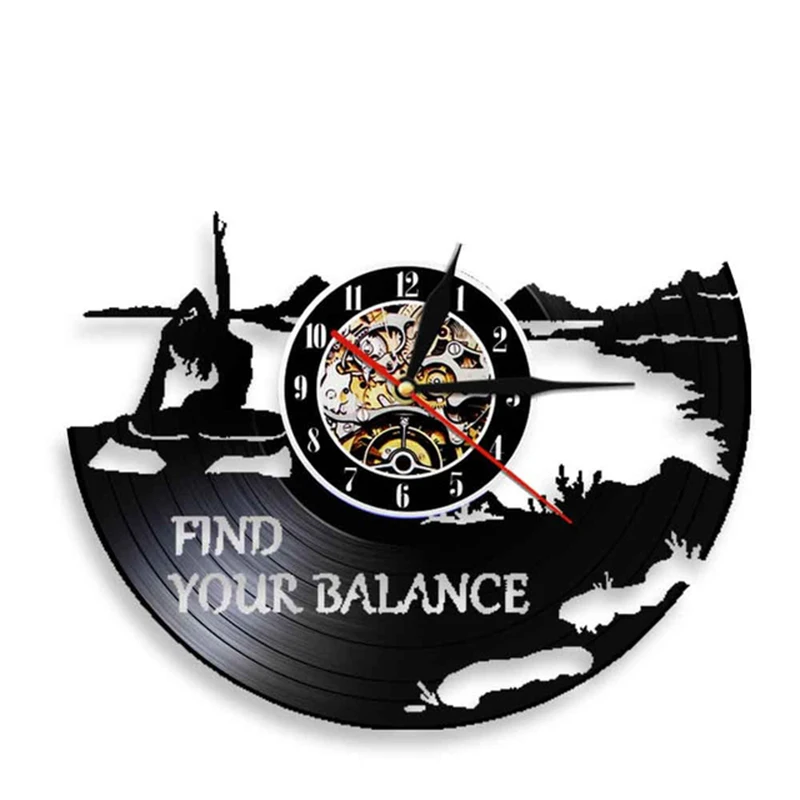 

Find Your Balance Yoga Inspiration Quotes Wall Art Watch Led Night Lamp Yoga Logo Studio Mood Lighting Vinyl Record Wall Clock