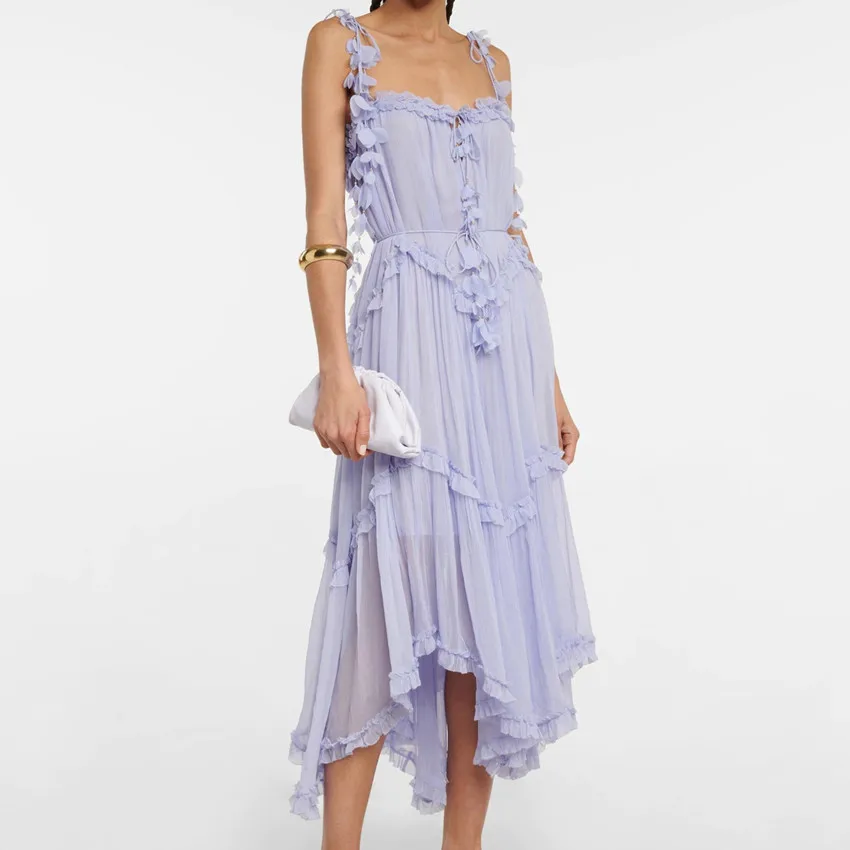 

2022 Women Fashion Designer Dress 100% Silk Flounced Edge Tassel Spaghetti Strap Party Long Dress