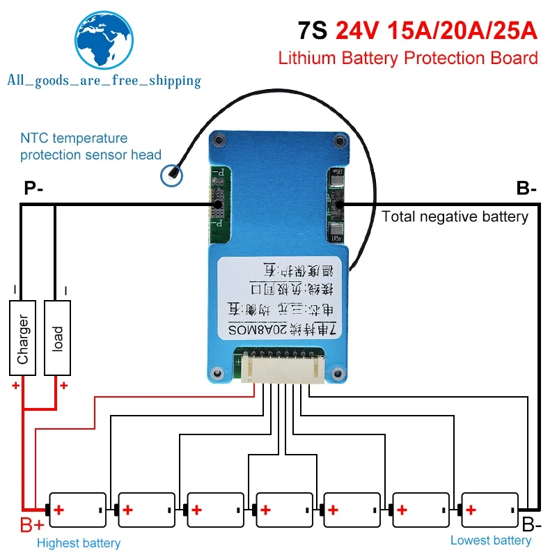 BMS 7S 24 в 15 а 20 А 25 А литий-ионная Lmo Тройная литиевая батарея 18650 Защитная плата баланса заряда и температурная защита NTC