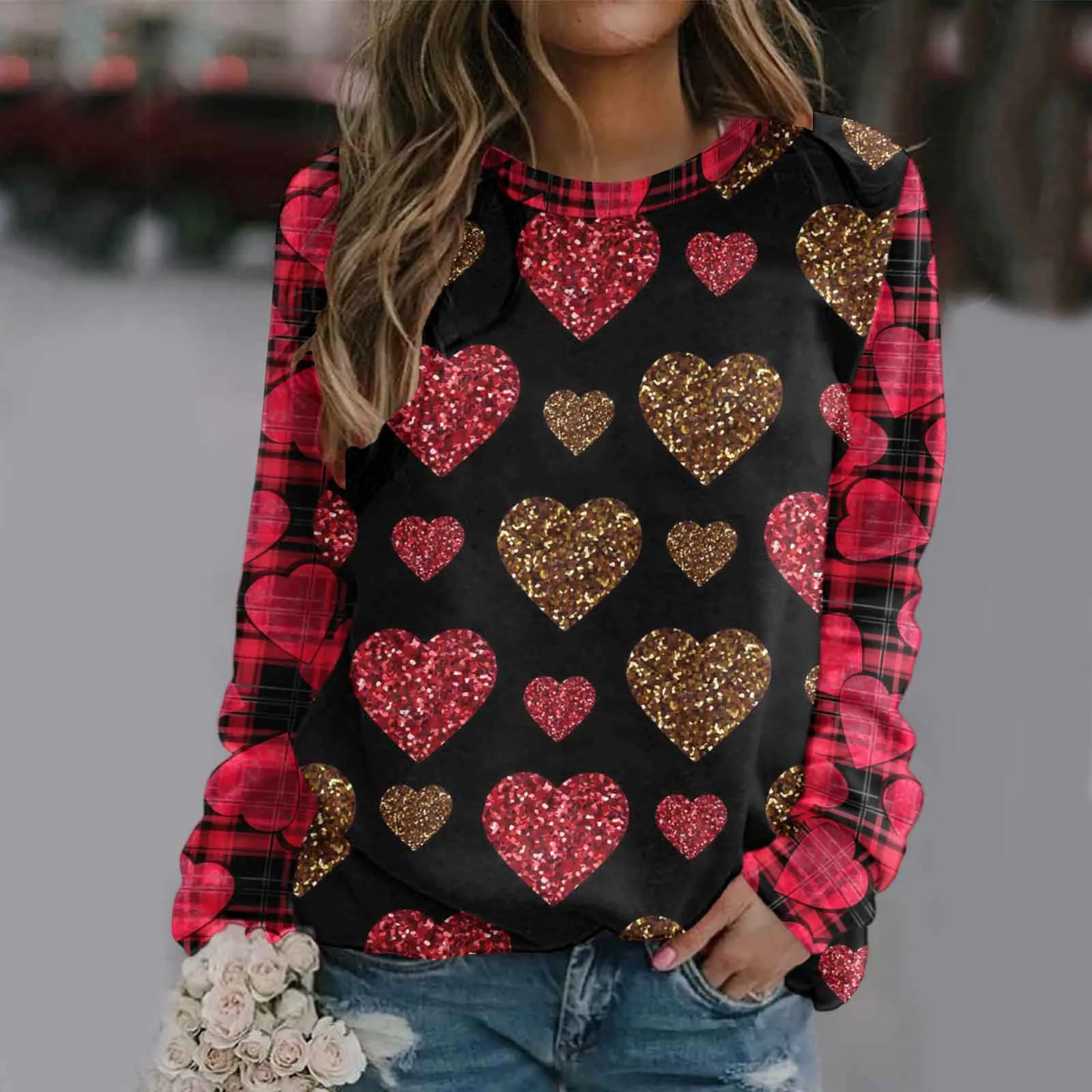 

Fleece Winter Jacket Long Sleeve Hoodies Women Women's Fashion Valentine's Day Print Sweaters for Older Women Woman Sweatshirt