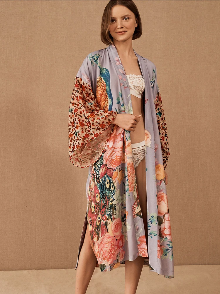 

New Print Peacock Beach Kimono Big size Beach Cover Up 2023 Robe Plage Swim Suit Cover Up Kaftan Tunic Beachwear Pareo Dress