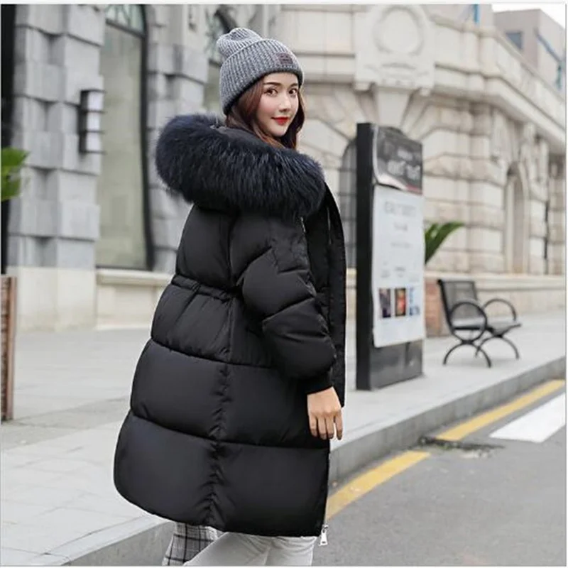 Winter New Korean Style College Thickening Jackets Parkas Women's Mid-Length Padded Coats with Large Fur Collar Female Overcoat