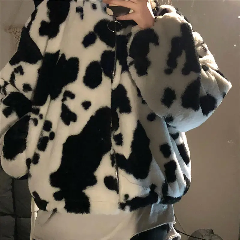 Deeptown Harajuku Kawaii Frauen Fleece Jacken Übergroßen Kuh Druck Vintage Streetwear Zipper Mantel Weiblichen Koreanischen Mode Nette Top
