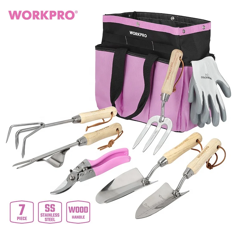 

7pcs Pink Gardening Hand Tools with Wooden Handle Weeder Fork Rake Trowel Transplanter Pruner Digging Garden Tools Set
