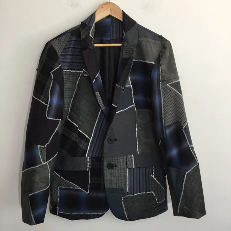 

Autumn Men's Denim Plaid Patchwork Suit Coat Rough Edges Trendy Handsome High Street Contrast Creativity Blazers 21Z1426