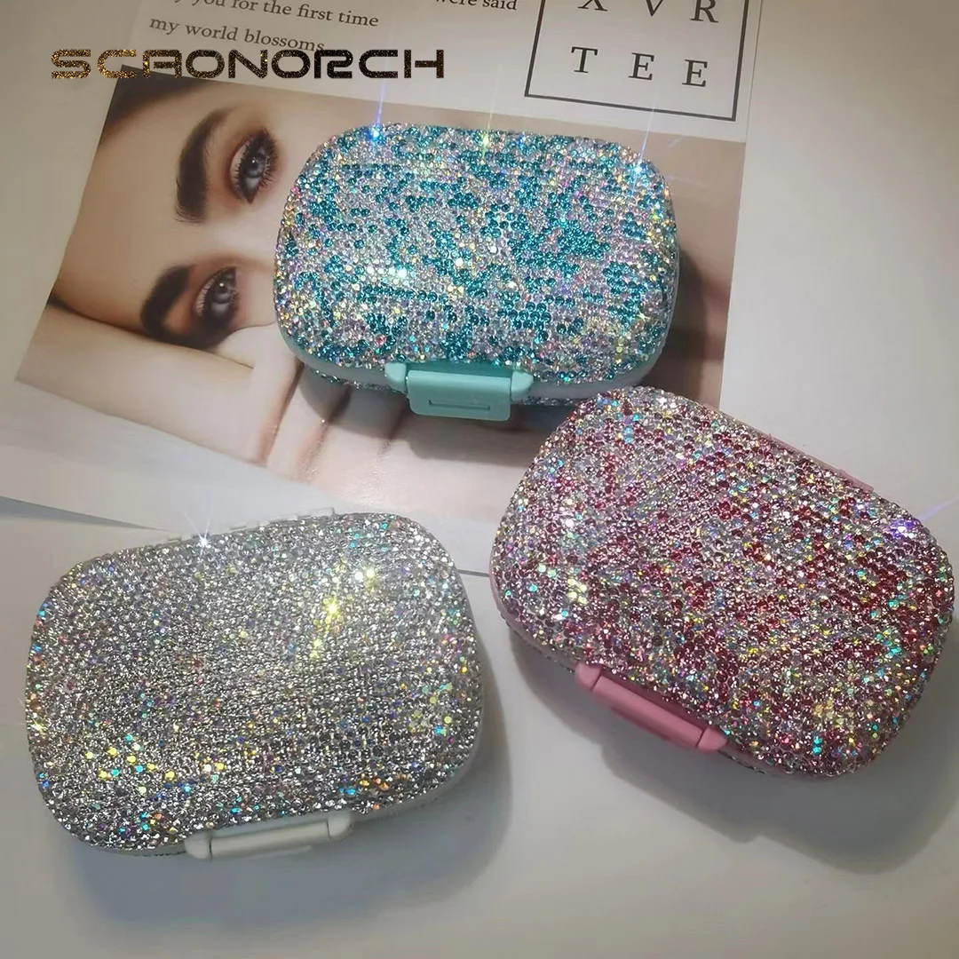 

Sparkling Diamond Pill Box Sealed Travel Pill Box Tablet Dispenser Plastic Storage Box Capsule Organizer Candy Storage Container