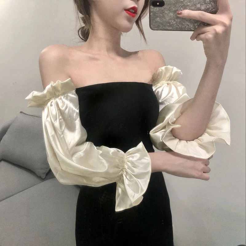 

WDMSNA Slim Bodycon Dresses Women Summer Retro Elegant Lady Robe Temperament Sexy Off Shoulder Collar Ruffles Puff Sleeve Dress