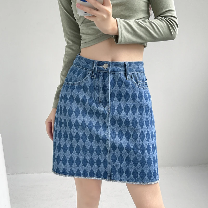

Корейская клетчатая синяя джинсовая юбка, женские мини-юбки с высокой талией, милые шорты-карандаш, юбка с карманами, популярный дизайн на б...
