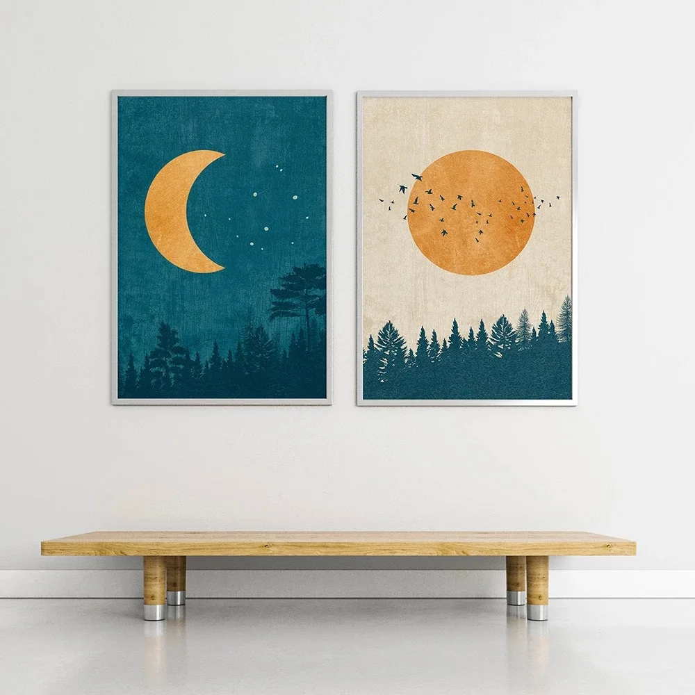 

Модный абстрактный пейзаж в стиле бохо, холст, живопись, солнце, луна, плакат и принты, винтажные скандинавские настенные картины, эстетичес...