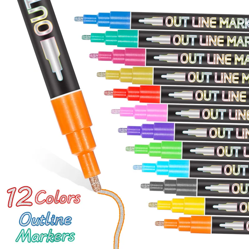 

12/8 Colors Outline Paint Marker Glitter Pen Double Lines Art Pens Highlighter DIY Christmas Metal Double Color Fluorescent